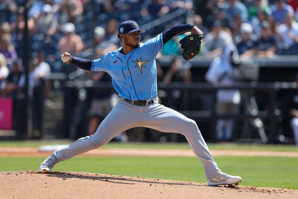 Tampa Bay's Taj Bradley (45) throws a pitch against the New York Yankees during spring training. (Nathan Ray Seebeck-USA TODAY Sports)